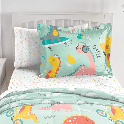 Vista 133 de Dream Factory Dinosaur Blocks - Juego de edredón de microfibra ultrasuave para niños, color azul, tamaño individual Bloques de dinosaurios azules