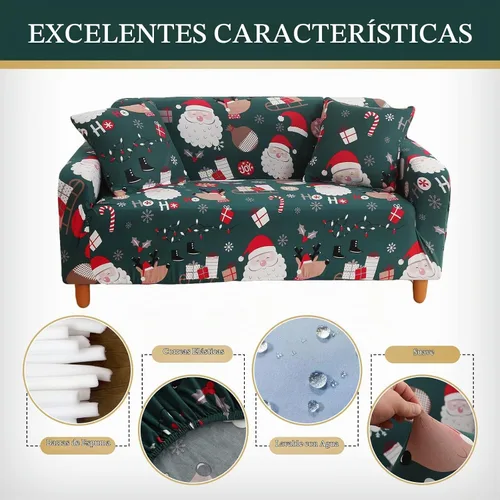 Vista 5 de Yiran - Funda de sofá verde de Navidad, protector de muebles para niños y mascotas con Santa Claus impreso, funda elástica para sofá de 3 plazas