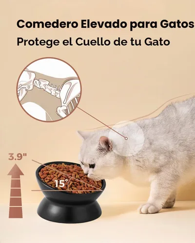 Vista 5 de LoeJan Tazón Elevado para Comida de Gatos, Tazón de Agua de Cerámica Elevado e Inclinado de 5 Oz, Platos Anti Vómito que Protegen la Columna Negro