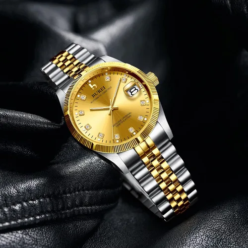 Vista 2 de BUREI Reloj automático para hombre, con fecha, pulsera de acero inoxidable, pulsera ajustable para hombre