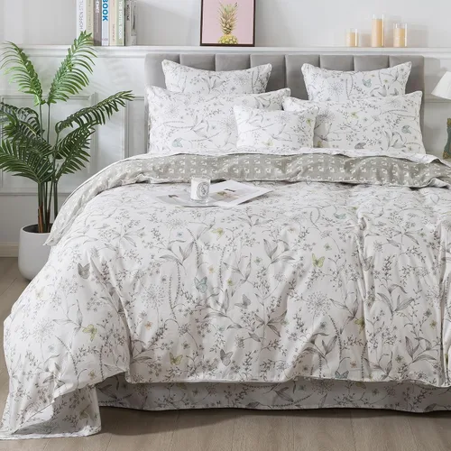 Vista 17 de FADFAY Juego de funda de edredón tamaño individual azul con flores de rosa y peonía, ropa de cama rústica con flores de peonía, juego de funda
