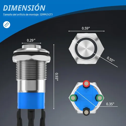Vista 2 de Interruptor de botón de enganche DaierTek de 12 mm, interruptor de botón de 12 V, carcasa plateada, luz LED azul iluminada, interruptor impermeable