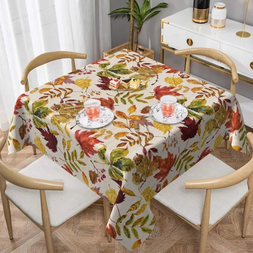 Vista 2 de Sweetshow Mantel cuadrado de otoño de 52 x 52 pulgadas con estampado de hojas de arce y hojas de arce, diseño de madera de Acción de Gracias