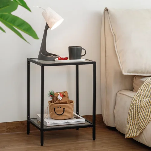 Vista 8 de Gawicpy Moderna mesa auxiliar de vidrio templado de 2 niveles, elegante mesa auxiliar de metal negro para espacios pequeños, perfecta para sala
