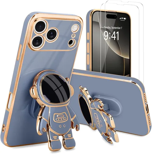 Vista 74 de Pepmune - Funda para iPhone 15 con soporte de astronauta 3D, color negro [2 Screen Protector], Luxury Electroplated Soft TPU Cover with Kickstand