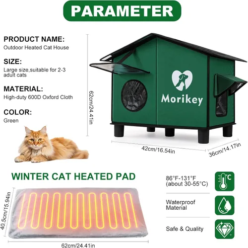Vista 7 de Casa térmica para gatos para exteriores, casa aislada para gatos al aire libre con almohadilla térmica, refugio resistente a la intemperie
