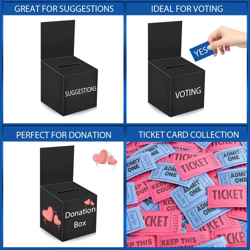 Vista 6 de Paquete de 12 cajas de rifa Caja de donación para recaudación de fondos, cajas de votación de cartón con ranura para boleto y cabecera extraíble