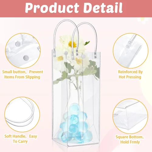Vista 3 de LEIFIDE 50 bolsas de regalo de plástico transparente con asas, de PVC, reutilizables, transparentes, bolsas para dulces, escuela, fiesta