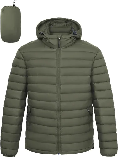 Vista 13 de Chaqueta acolchada ligera y plegable para hombre, con capucha, aislada, resistente al agua, para esquí, senderismo, viajes