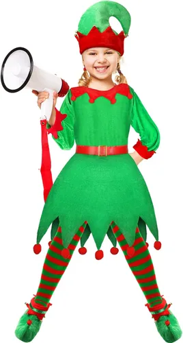 Vista 4 de Girls Women Christmas Elf Costume Set Santa's Helper Costume Xmas Festive Outfit with Elf Hat Shoes Belt Striped Stockings