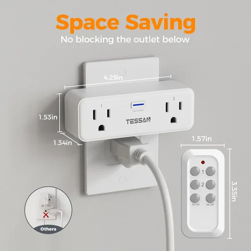 Vista 7 de TESSAN - Enchufe de toma de corriente con control remoto, interruptor de luz inalámbrico con 2 tomas independientes, interruptor de toma