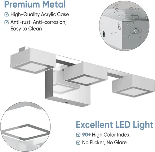 Vista 4 de Moderna lámpara LED de baño sobre el espejo, 3 luces regulables de tocador, lámpara de tocador de baño de acrílico cromado, ajustable de 2700 K-6500