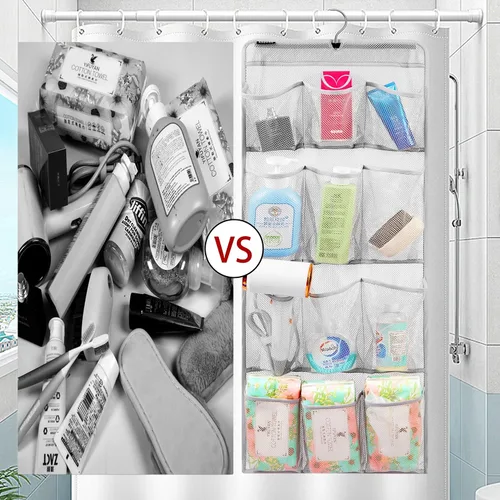 Vista 3 de Organizador de ducha de malla con soporte colgante, de secado rápido, para almacenamiento en el baño, con accesorios de tocador y gancho giratorio