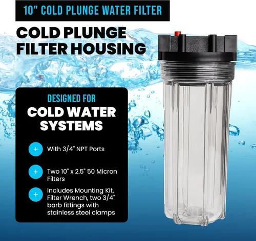 Vista 2 de Sistema de filtro de agua fría, carcasa de 10 pulgadas con puertos NPT de 3/4 pulgadas, filtros plisados de 1 × 50 micrones, kit de montaje y llave