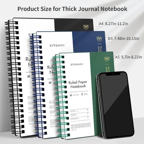 Vista 5 de EMSHOI Cuaderno en espiral A4 con líneas para diario, 28.5 x 21 cm, 300 páginas/150 hojas, papel grueso de 100 g/m², cubierta suave impermeable