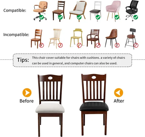 Vista 6 de Fuloon Fundas de asiento para sillas de comedor 4 piezas, funda de cojín de asiento de cuero sintético sólido impermeable y resistente al aceite