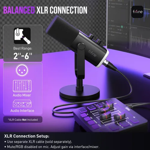 Vista 6 de FIFINE - Micrófono dinámico XLR/USB para podcasts, de transmisión de juegos con luz RGB, botón de silencio, conector para auriculares, soporte
