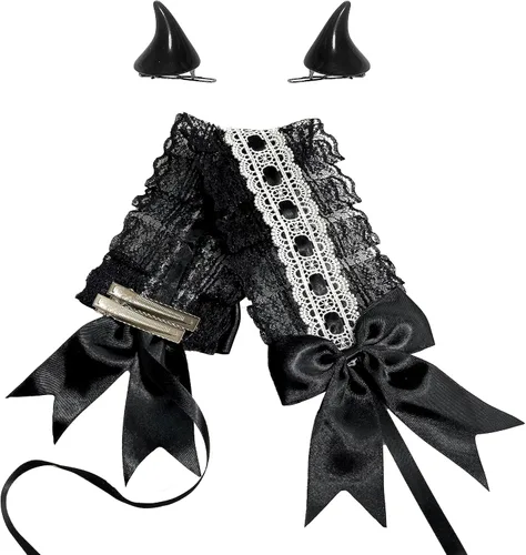 Vista 2 de IZONHERE Diademas de encaje con cuernos de diablo, alas góticas para mujer, lindo tocado de cosplay