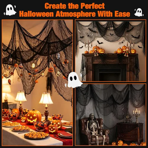 Vista 5 de Halatool 6 Pack Creepy Cloth 30x72 Inch, Black Cheesecloth Gauze for Halloween Haunted House Decorations, Spooky Outdoor Yard Window Porch Tree