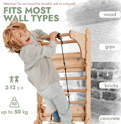 Vista 6 de Zona de juegos interior 6 en 1 para niños, pared sueca de madera, escalera de escalada, tobogán, columpio, anillos de gimnasia, pared de escalada