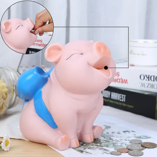 Vista 4 de H&W Lovely Pig - Alcancía con nudo de lazo azul, banco de monedas, creativo e inastillable, puede almacenar 1000 monedas