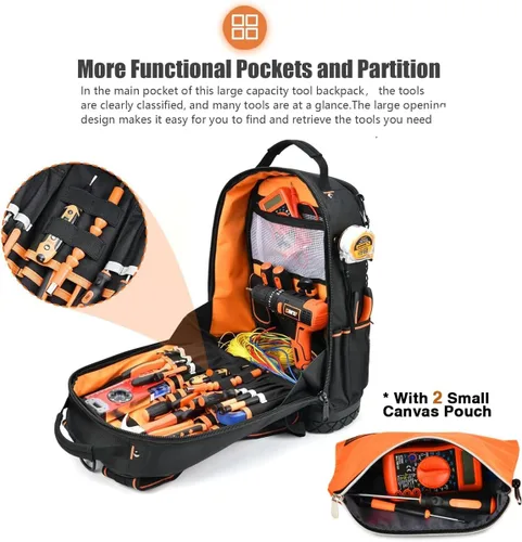 Vista 2 de Mochila para herramientas, mochila de herramientas para hombres, mochila de herramientas HVAC de construcción resistente para herramientas