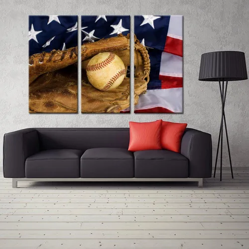 Vista 2 de KREATIVE ARTS - 3 impresiones en lienzo grandes para pared, póster de béisbol y bandera estadounidense, imagen deportiva impresa en lienzo, estirada