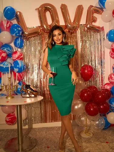 Vista 8 de XXTAXN - Vestido de cóctel entallado, formal, sin mangas y con volados para mujer, vestido de tubo por debajo de la rodilla