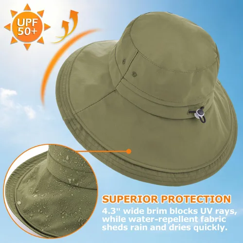 Vista 2 de Sombrero de ala ancha impermeable UPF 50+ para mujer con agujero para cola Verde militar
