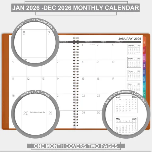 Vista 3 de Agenda mensual 2026 – Calendario 2026 / planificador de 12 meses con piel sintética, 8.86" x 11.4", enero 2026 a diciembre de 2026, 15 páginas