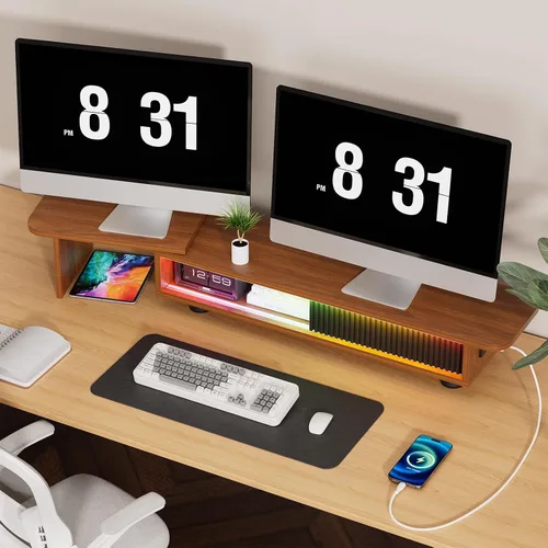 Vista 2 de Artswish - Soporte elevador para monitor con estación de carga y luz RGB, soporte ajustable de doble monitor para escritorio, estante de escritorio