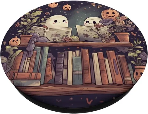 Vista 2 de Fantasmas lindos libros de lectura de Halloween bibliotecario amante de los libros PopSockets estándar PopGrip