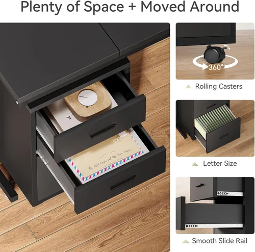 Vista 5 de LITTLE TREE Escritorio ejecutivo grande de 82.67 pulgadas de largo en forma de L para computadora con archivador móvil de 3 cajones, mueble