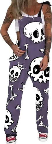Vista 24 de PAODIKUAI Overol casual con estampado de calavera para mujer, overol suelto con bolsillos