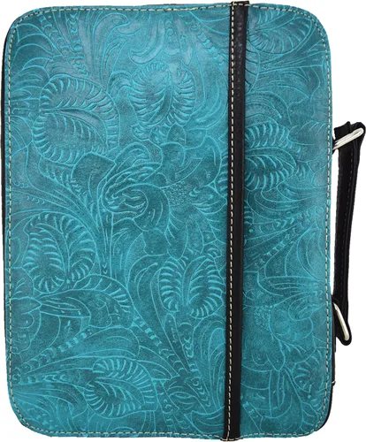 Vista 3 de Funda de la Biblia con versículo bordado de estilo occidental para mujer, bolsa de mensajero con correa extra Turquoise Cross, Full-Zip Protection
