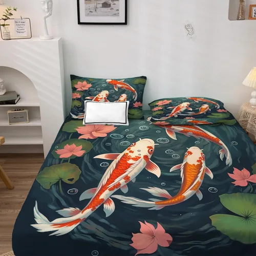 Vista 3 de Juego de sábanas de tamaño individual – Sábanas de cama de pez Koi japonés, sábanas y fundas de almohada, sábanas y fundas de almohada, microfibra