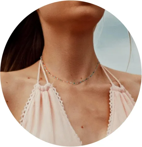 Vista 9 de FUTIMELY Gargantilla de cuentas verdes bohemias para mujeres y niñas, collar de gargantilla de cuentas redondas cuadradas de cuentas verdes frescas