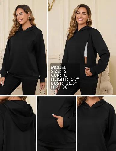 Vista 5 de Bhome Sudadera de lactancia con capucha para lactancia materna con cremalleras ocultas, bolsillo de canguro