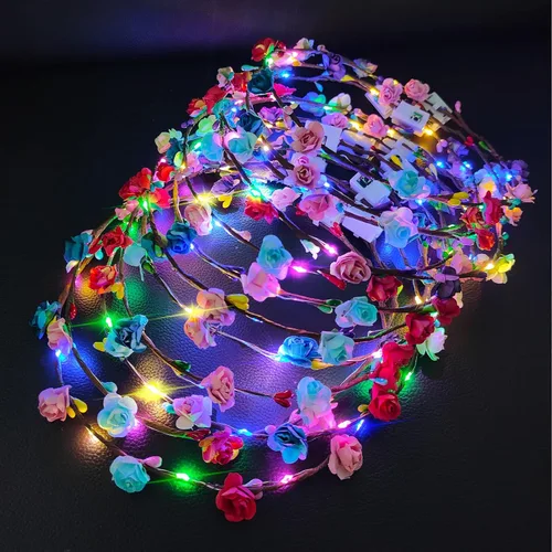 Vista 2 de PTHTECHUS Paquete de 12 diademas de flores LED, corona de Halloween que brilla en la oscuridad, suministros de fiesta, tocado de corona para hombres