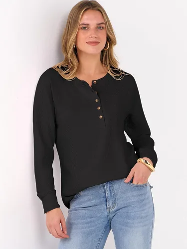 Vista 3 de ANRABESS Camisas de manga larga Henley de punto gofre para mujer Negro