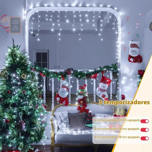 Vista 8 de Ollny Icicle Lights 720LED 60FT, luces de Navidad blancas frías con control remoto, 8 modos regulables, impermeables, enchufables, temporizador, luz