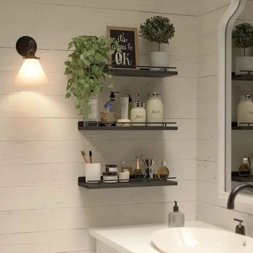 Vista 5 de WOPITUES Estantes flotantes con barandilla de metal negro, estantes para decoración de pared, juego de 3, estantes de pared para dormitorio, baño