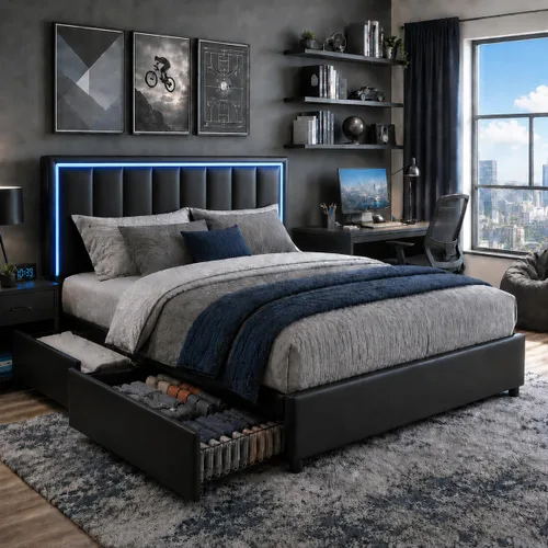 Vista 11 de Base de cama tamaño Queen con 4 cajones de almacenamiento, base de cama tapizada Queen con cabecero, luces LED RGB, base de metal resistente y Blanco