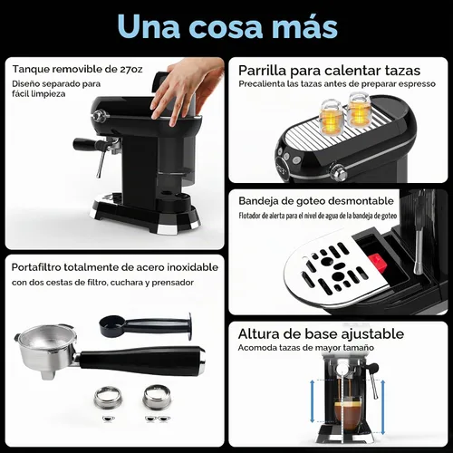 Vista 8 de HBN Máquina Compacta de Espresso de 20 Bar con Espumador de Leche, Tanque de Agua Extraíble de 27oz para Espacios Pequeños, Cafetera Casera