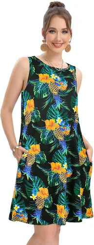 Vista 3 de Vestidos de verano para mujer, vestido tipo camiseta con estampado floral y de playa para mujer, vestido sin mangas, holgado, casual y con bolsillos