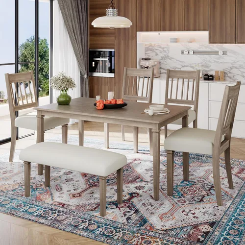 Vista 112 de Juego de mesa de comedor vintage de 6 piezas, juego de mesa de comedor de cocina de madera maciza con 4 sillas ergonómicas acolchadas y banco, mesa