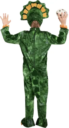 Vista 4 de Spooktacular Creations Disfraz de triceratops verde para niños, overol de dinosaurio realista con huevo para niños, fiesta de disfraces de Halloween