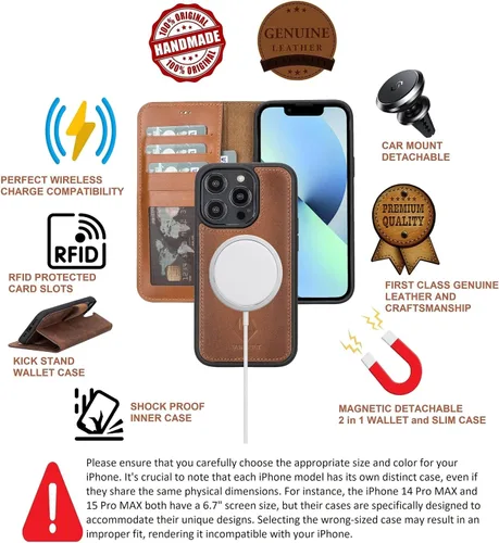 Vista 5 de VENOULT - Funda tipo cartera compatible con iPhone 14 Pro MAX / 15 Pro Max / 13 Pro Max / 13 Pro MAX / 13 Mini y todos, funda magnética desmontable