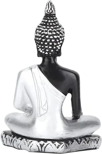 Vista 8 de Estatua de Buda - Adorno artesanal de resina, mejora el Feng Shui para budistas y amantes del arte (plata vintage)