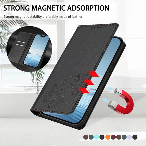 Vista 7 de Butterfly Embossed Leather Wallet Flip Case for Motorola Moto E22i 4G, Magnetic Closure, RFID Blocking Cover, Card Holder Black.
